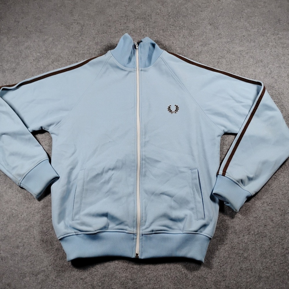 Fred Perry Men's Light Blue Brown Stripe Full Zip Track Jacket Sportswear Size S
